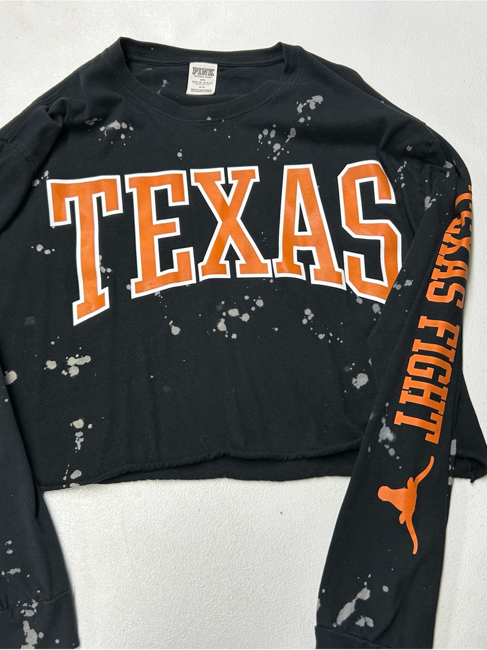 PINK Victoria's Secret Black Cropped Long-Sleeve with Orange TEXAS Print